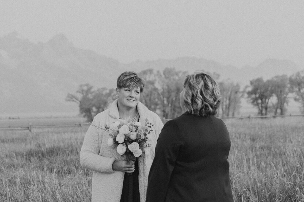 black and white ceremony picture from destination elopement