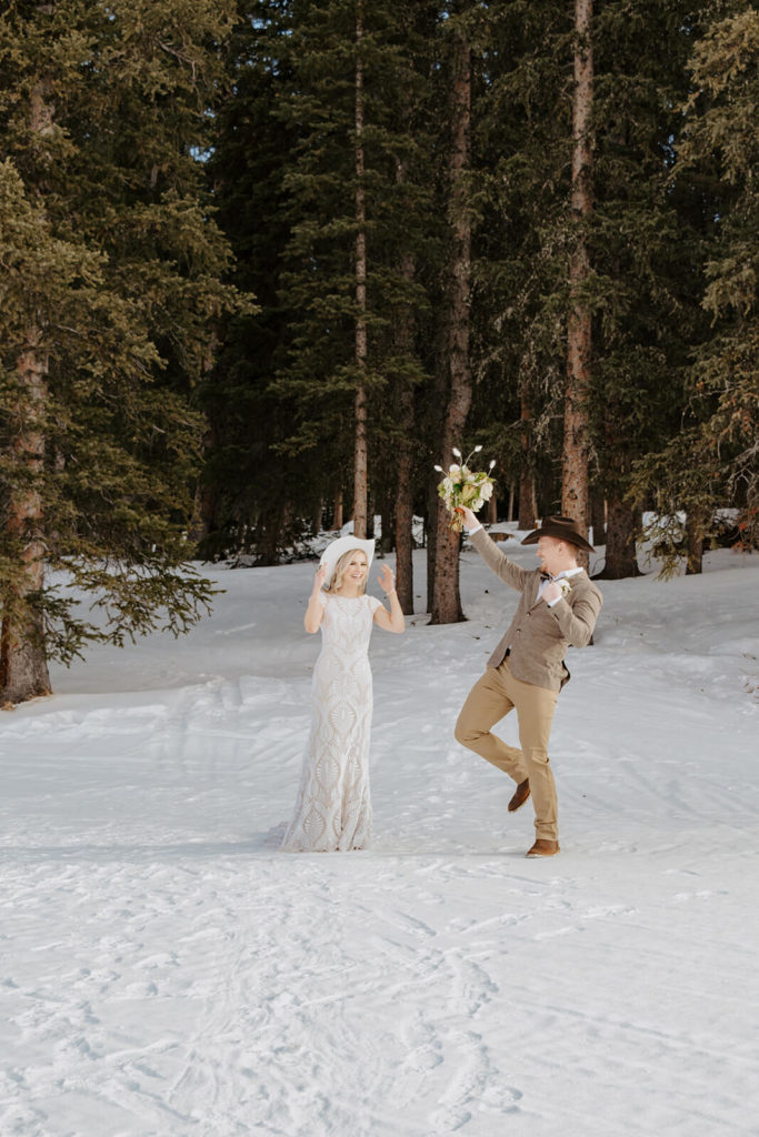 Bride and Groom at Snowy Wyoming Wedding