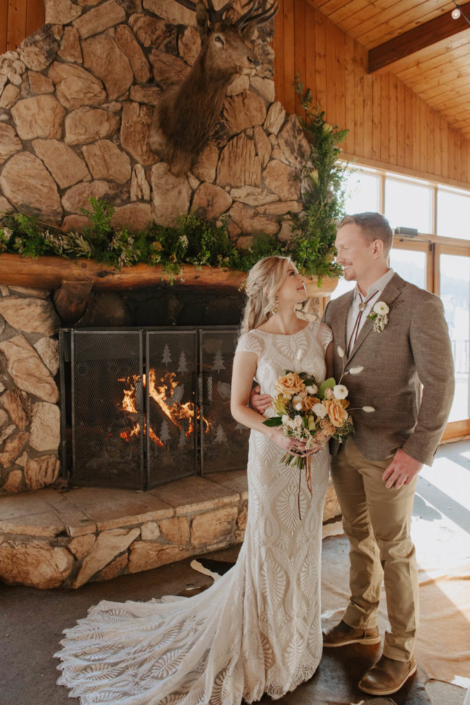 couple portrait at rustic winter wedding in wyoming