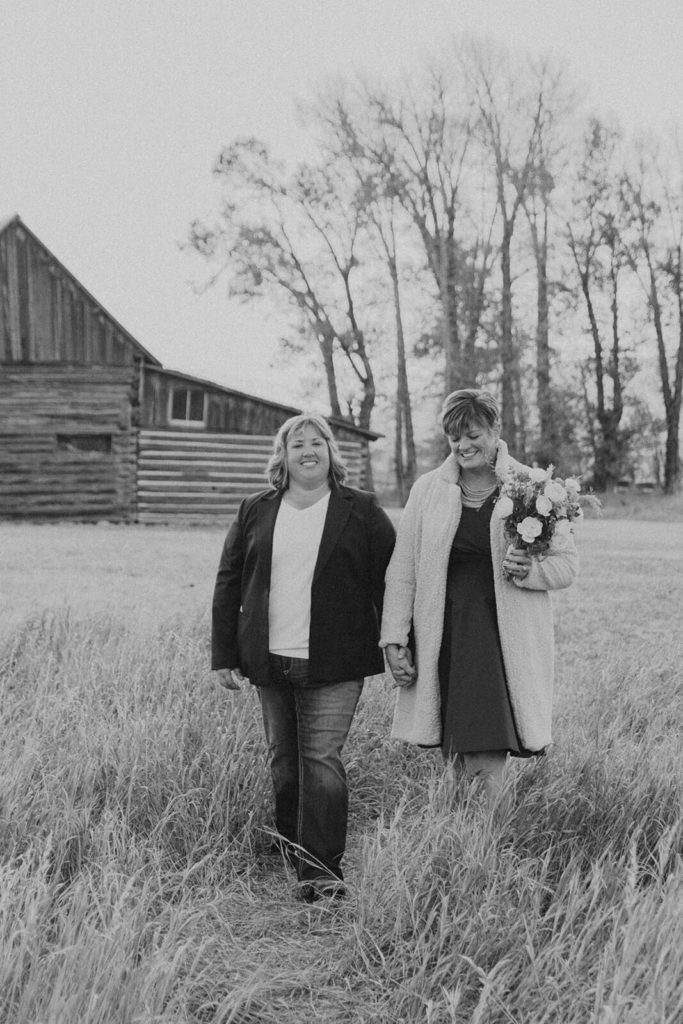 Black and White Barn Photograph of Beth and Haley