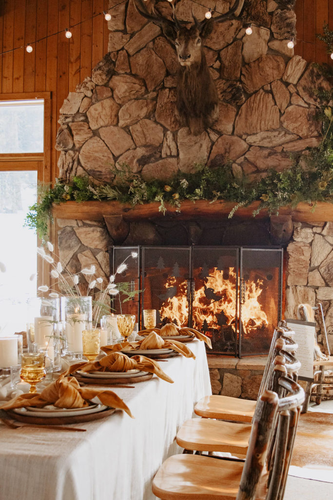 fireplace at winter wedding in wyoming