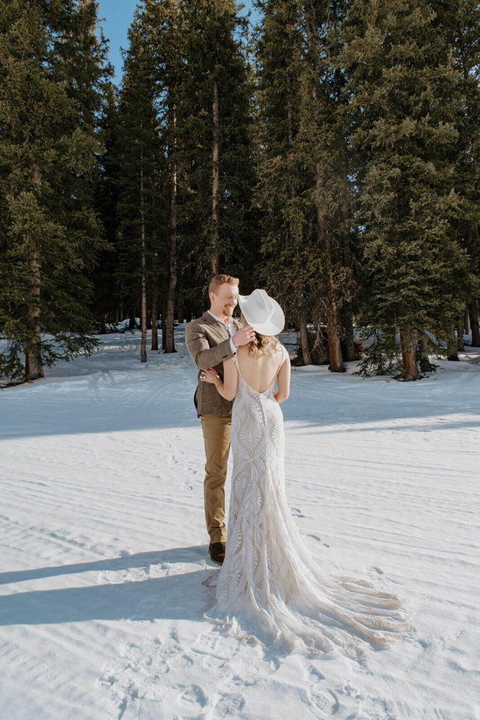 Bride and Groom at Winter Elopement in Wyoming