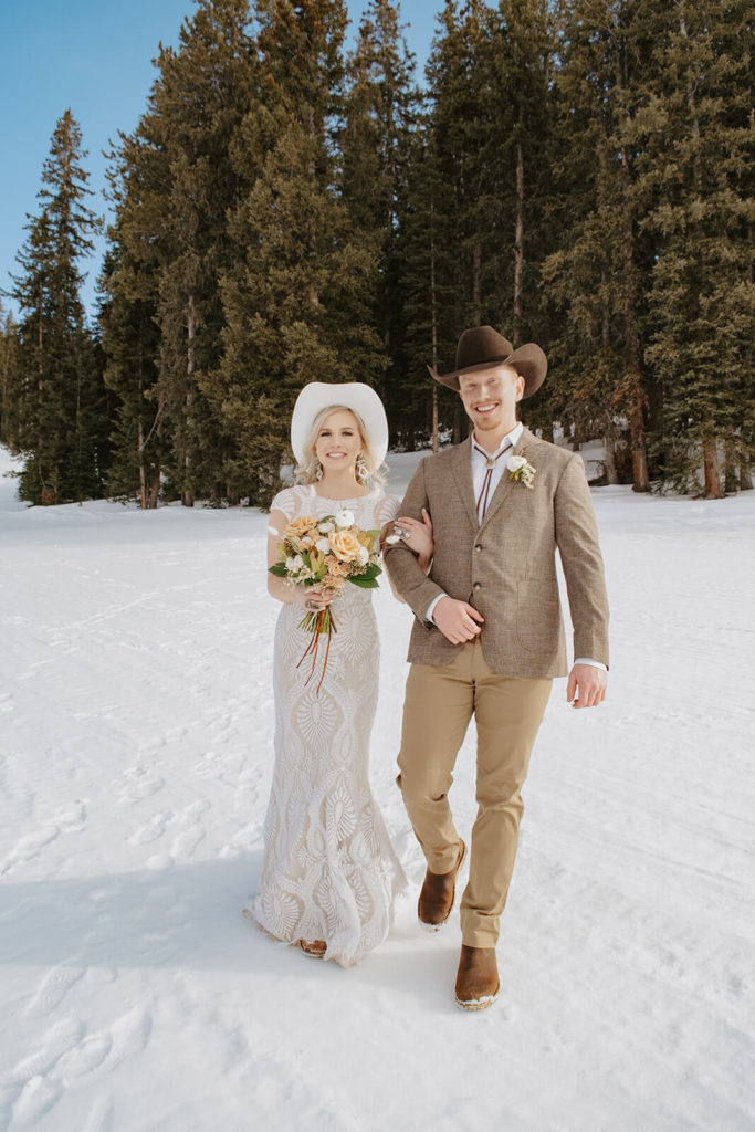 Bride and Groom at Snowy Winter Wedding