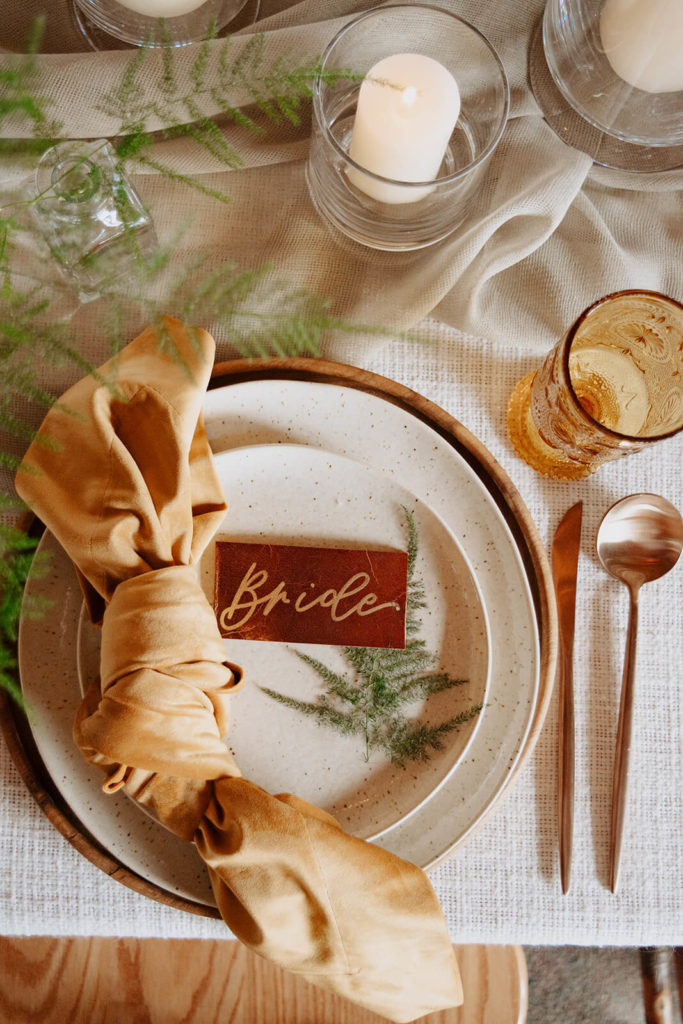 bridal place setting during cozy winter wedding