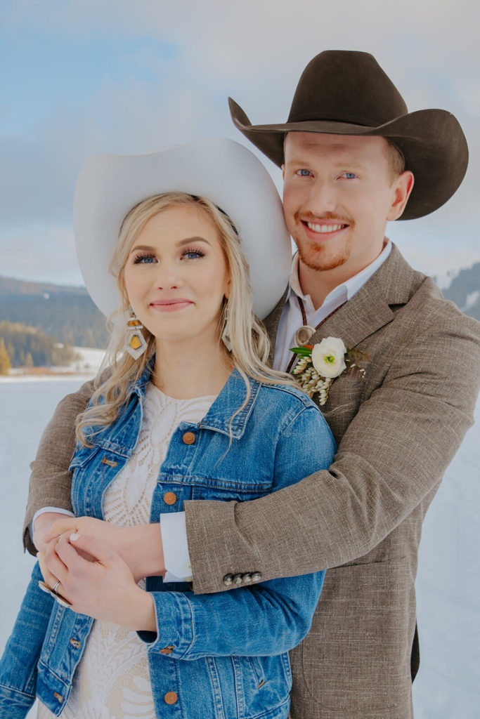 Bride and Groom at Buffalo Wyoming Snowy Wedding
