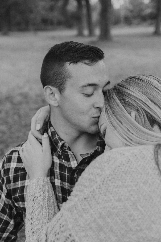 Couple Kissing During Engagement Photos in Oklahoma - Black and White