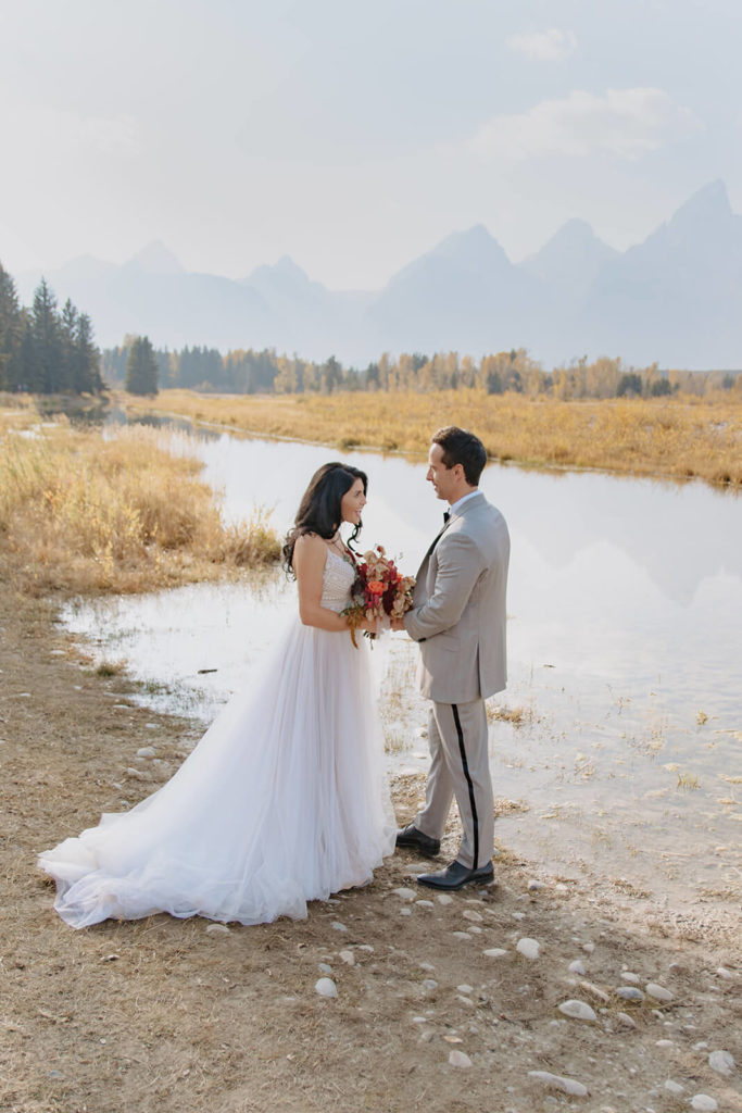 Rachel and Clay at Foot of Tetons During Destination Elopement
