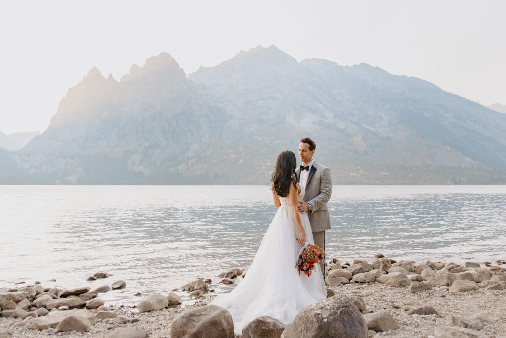 Bride and groom at Jenny Lake in Grand Teton National park