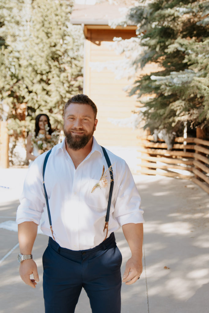 first look with bride and groom in Jackson Hole, Wyoming during their wedding photography