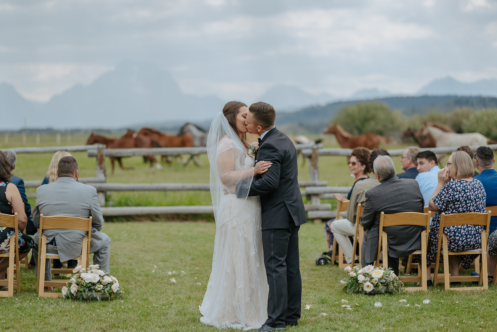 Couple kisses during their Diamond Cross Ranch Wedding