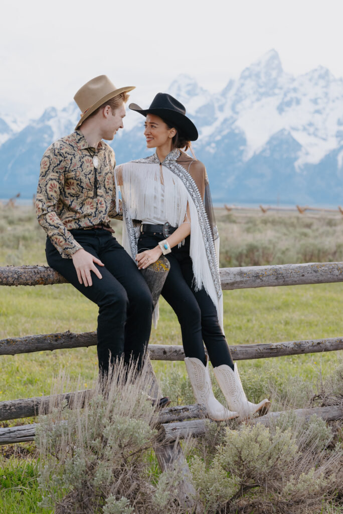 Western dressed couple at Lost Creek Ranch for their Jackson Hole Destination Wedding